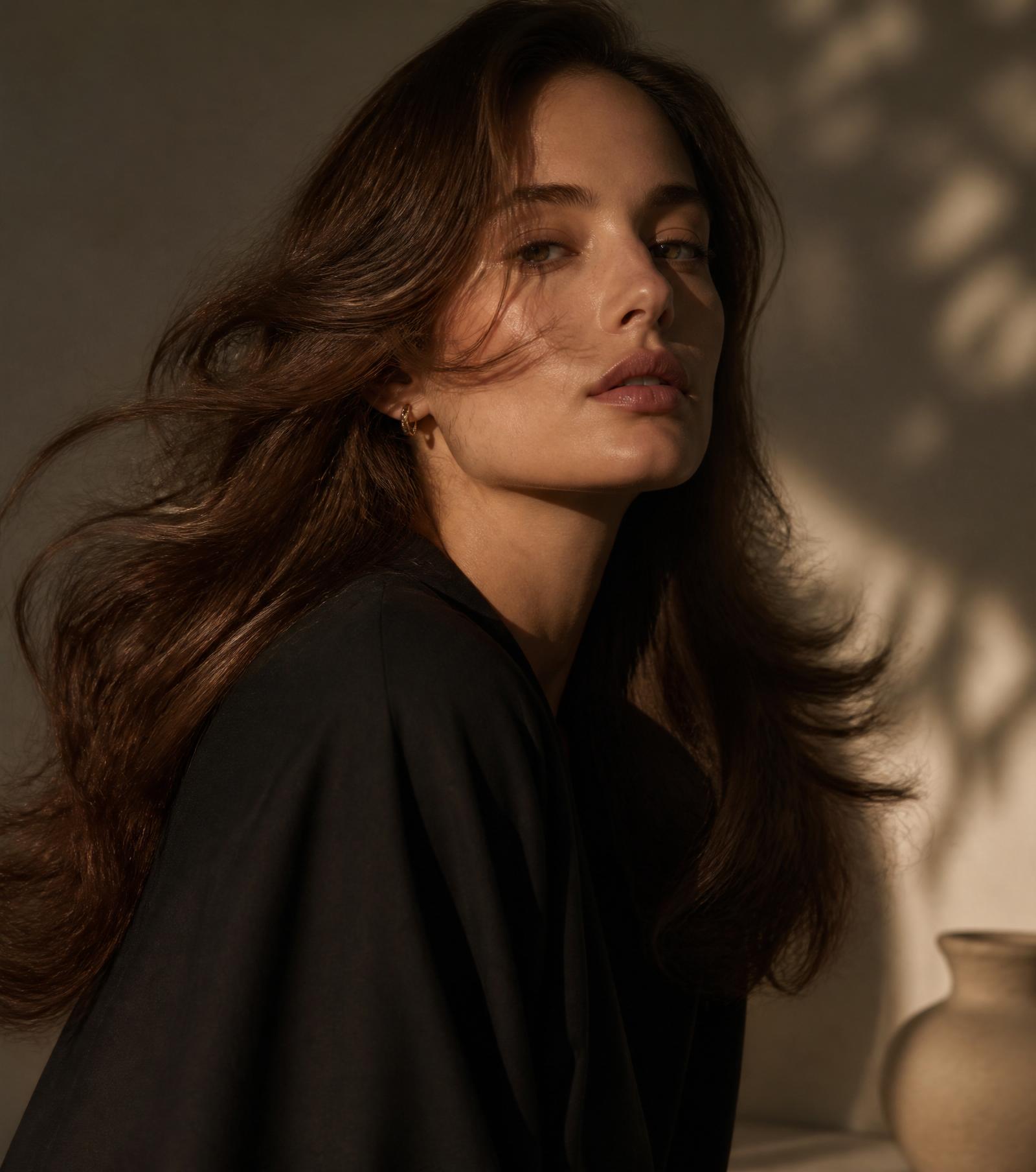 Retrato editorial con cabello brillante y peinado profesional